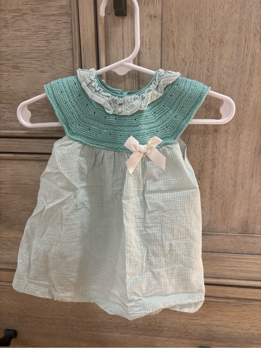 Mac Ilusion Baby Girls' Mint Green Knit Yoke Dress with Bow detail